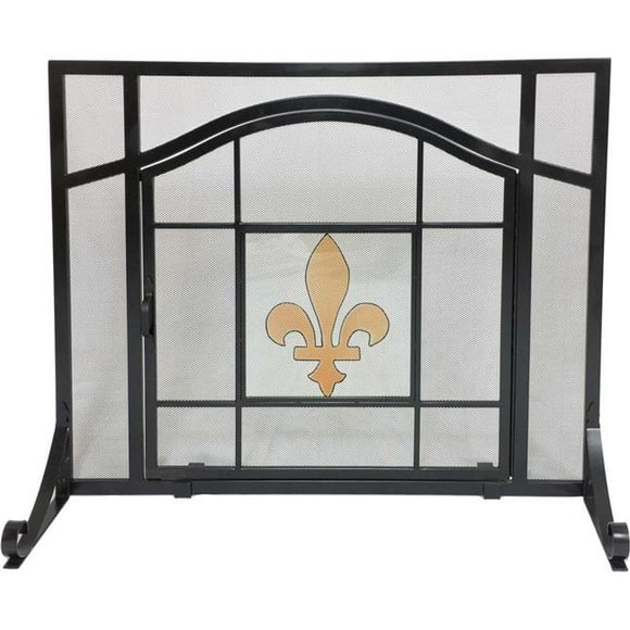Dagan S167 Fleur De Lis Design Wrought Iron Panel Scren with Door, Black, Beige & Glass