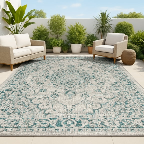 JONATHAN Y SANTA MONICA 8 x 10 Area Rug, Rozetta Boho Medallion Textured Weave - Gray/Teal, SMB102C-8