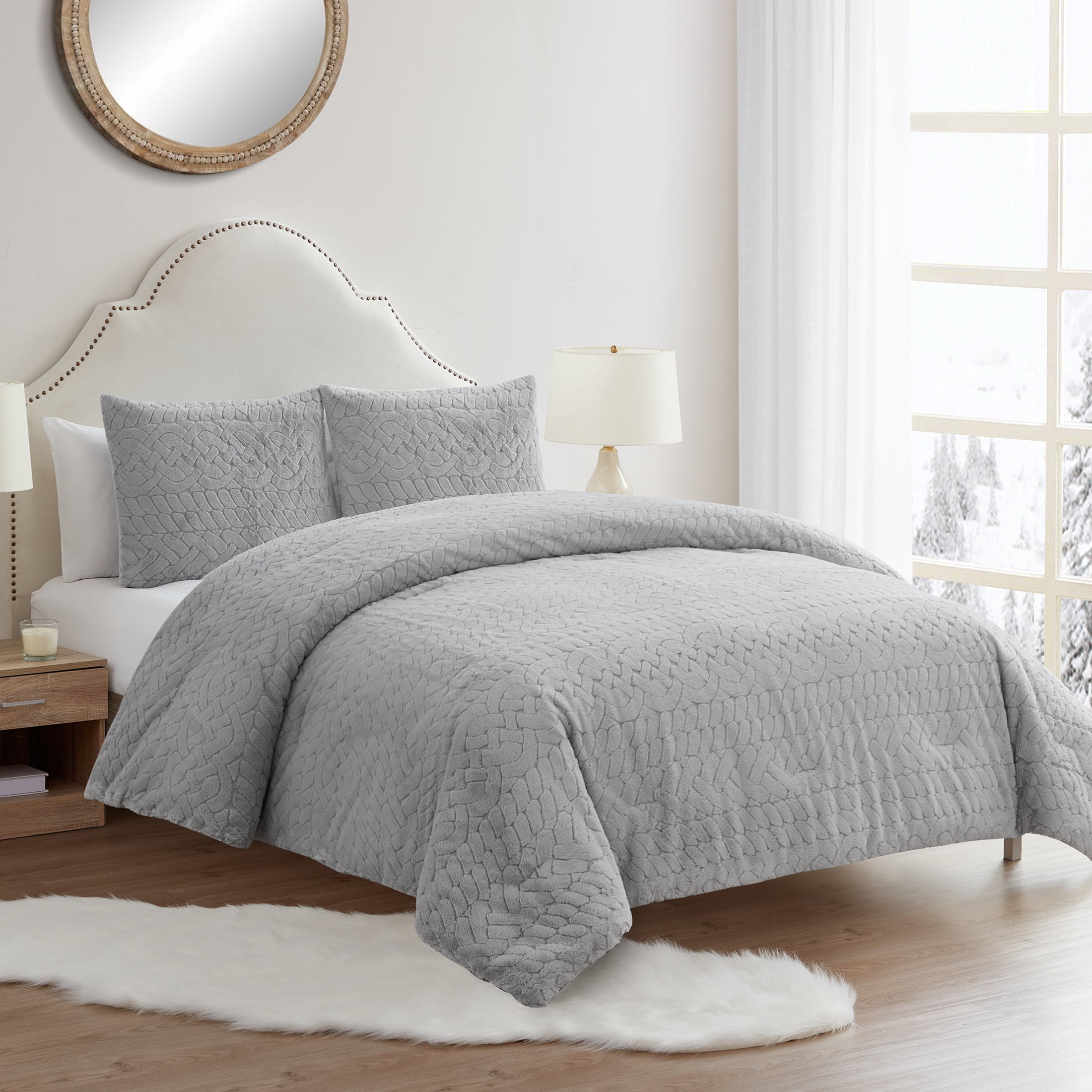My Texas House Jessie 3-Piece Comforter Set Carved Faux Rabbit Fur, Grey, Full/Queen