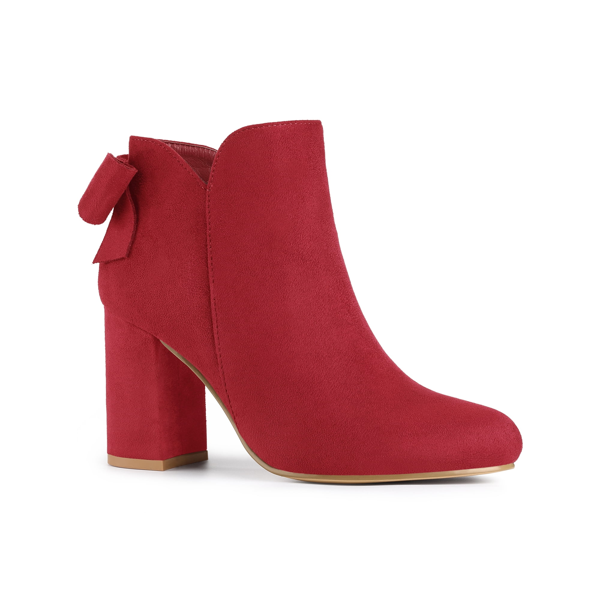 Round Toe Bow Decor Chunky Heel Ankle Boots Red 9