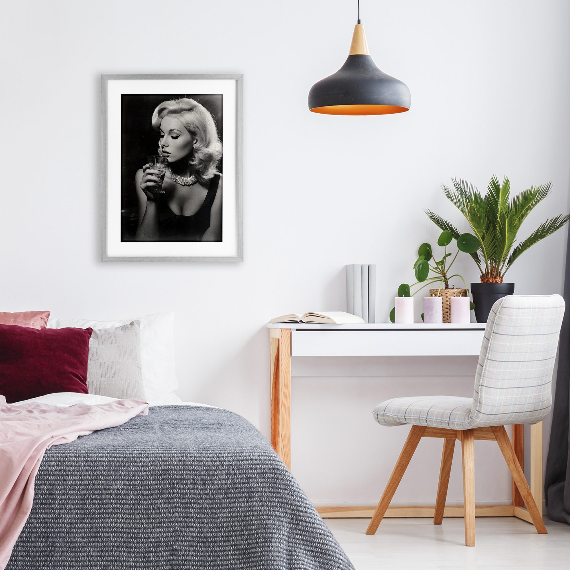 Classic Woman & Martini Gray Framed Print Under Glass, design by Decent Exposures