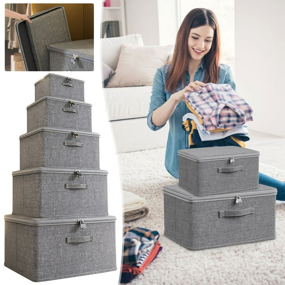 Yoloke Large Linen Collapsible Storage Bins with Removable Lids and Handles, Washable Storage Box Containers Baskets Cube with Cover