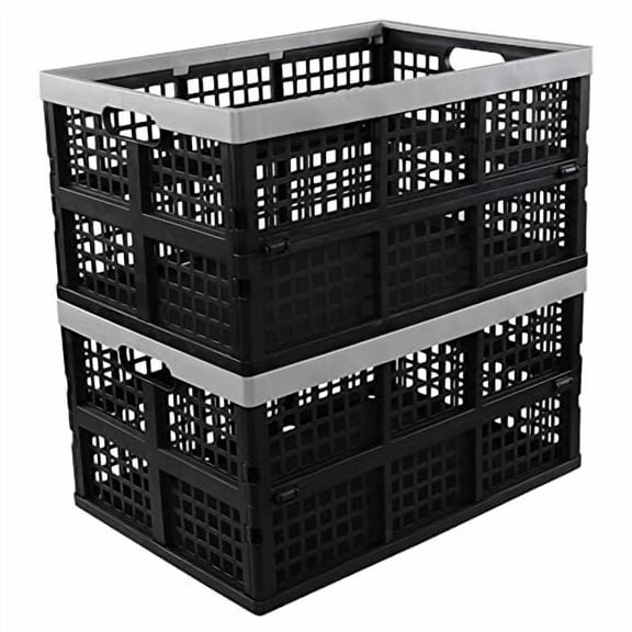 Ponpong 42 L Collapsible Crate Storage, Plastic Folding Storage Crates, 2 Pack