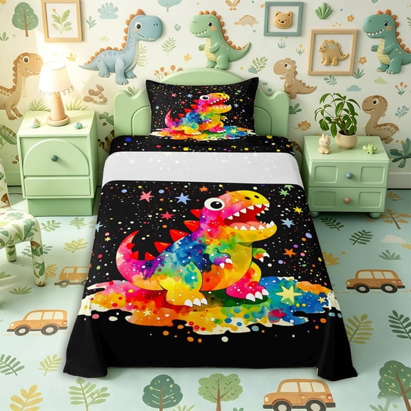 Metsweet Watercolor Dino Twin Sheets 3pcs, Gradient Starry Sky Bedding, Pink Black,1 Fitted Sheet, 1 Flat Sheet and 1 Pillowcase