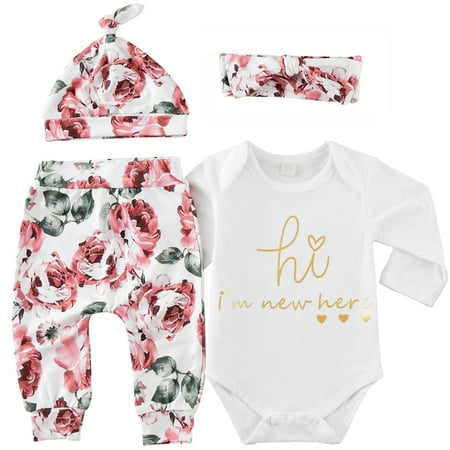 

4PCS Newborn Baby Girls Clothes Romper Jumpsuit Floral Pants Leggings Long Sleeve Outfit Set