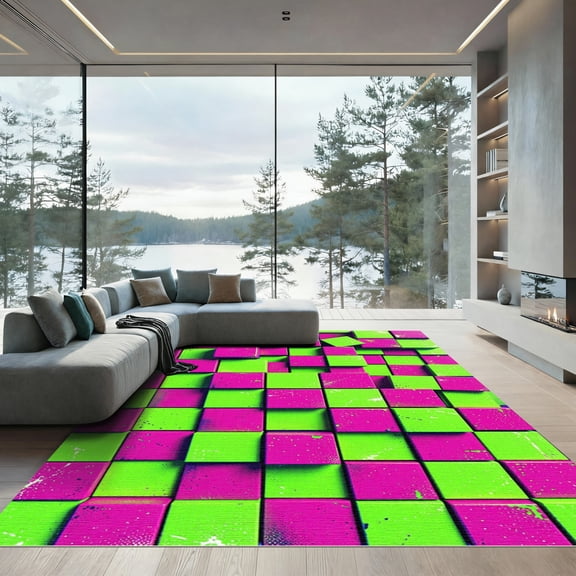 ODIKA 4'x6' Machine Washable Non-Slip Area Rug, 3d Lime Green High Traffic Rug, Pink, 979734