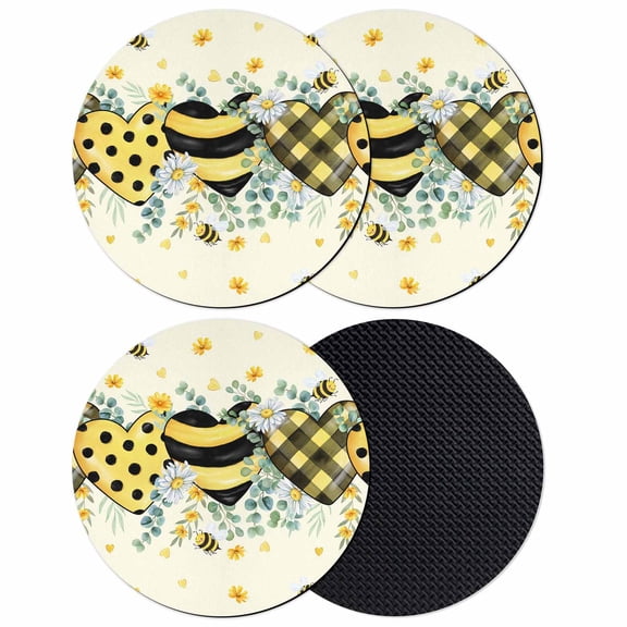 Spring Bee Love Coasters Set of 4, Absorbent Coasters for Drinks, Yellow Daisy Eucalyptus Leaves Rustic Coaster for Desk Coffee Table Protection, Home Decor House Warming Gifts 4"
