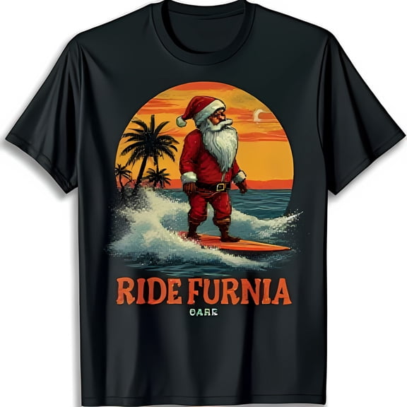 Surfing Santa Claus Black T-Shirt Festive Christmas Graphic Tee