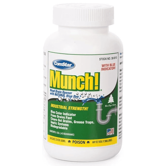 ComStar Munch, 1 Pound, Industrial-Strength Cold-Water Activated Bead Drain Opener, Clear Clogged & Slow Drains, Grease Traps, Septic Systems, Made in USA (30-610)