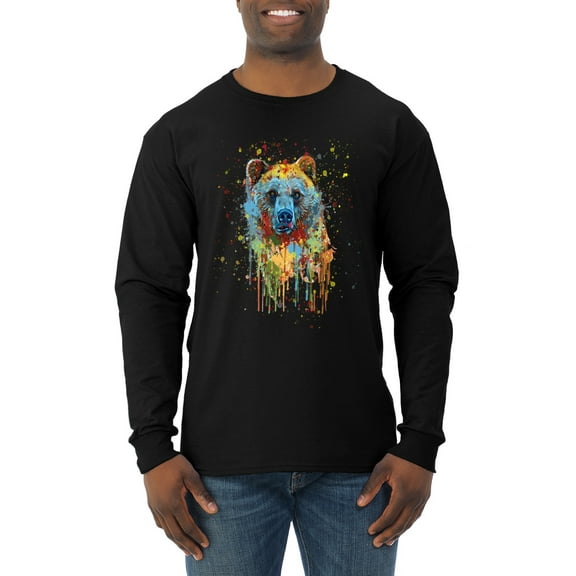 Bear Painting Splatter Abstract Art Animal Lover Mens Long Sleeve Shirt, Black, Small