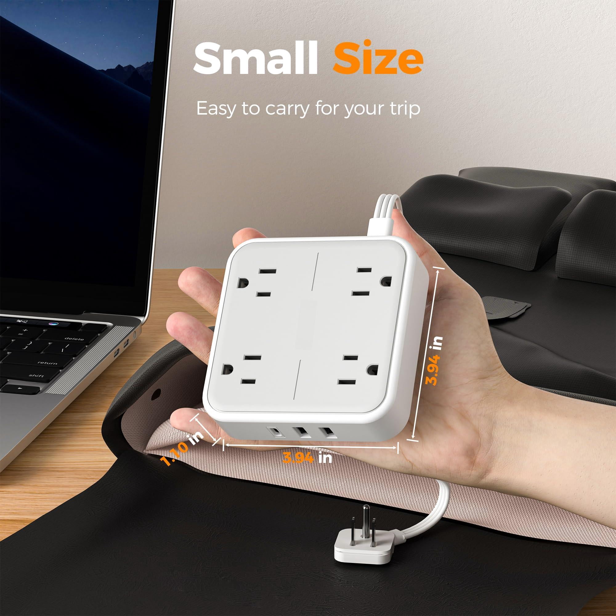 Surge Protector Flat Extension Cord 1ft  Ring Plug Power Strip With 4 Outlets 3 Usb Ports (1 C) 900 Joules Protection Multiple Wall Outlet Extender Suitable For Home Office Dorm Grey