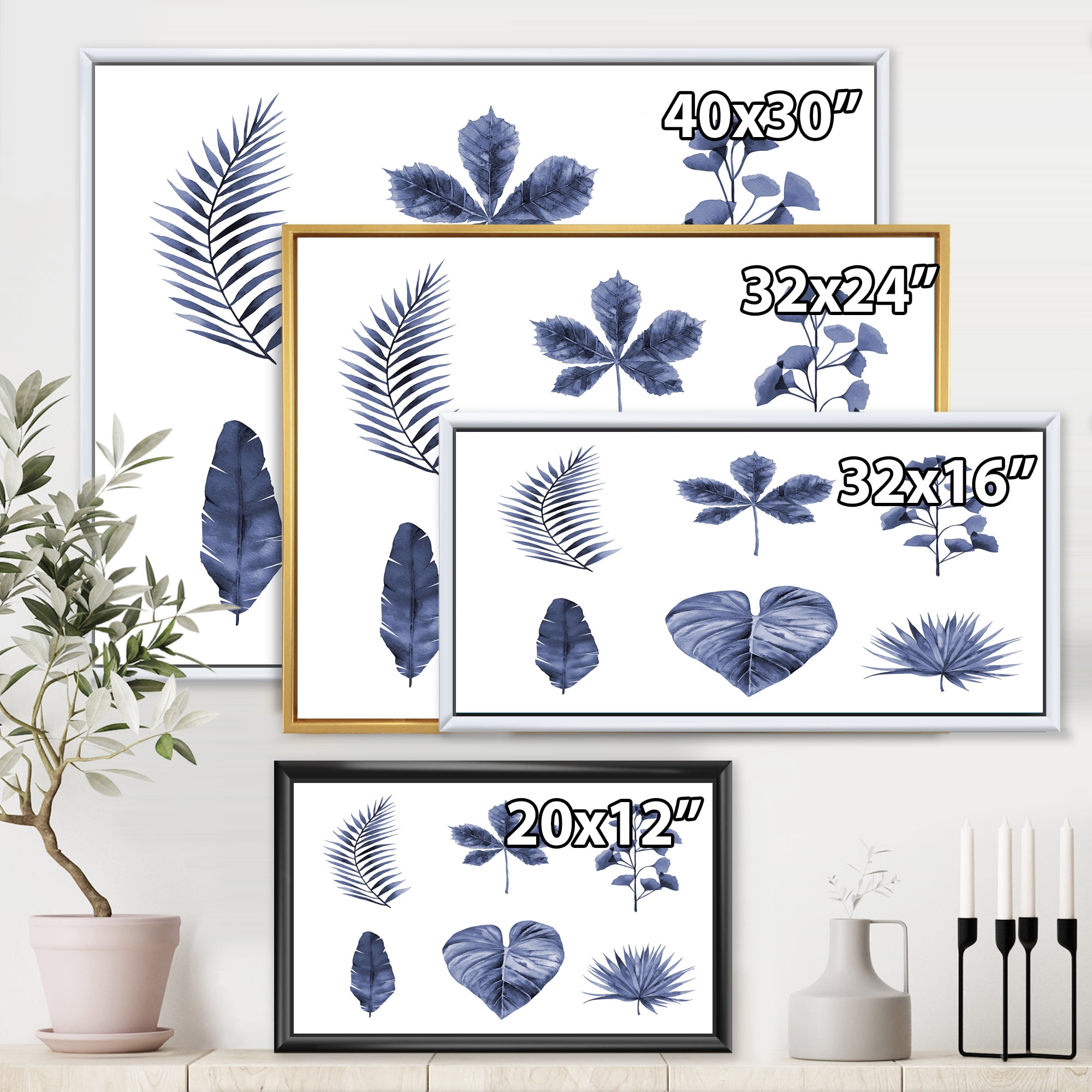Designart 'Abstract Set Of Plant Leaves Blue' Traditional Framed Canvas Wall Art Print