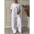 thumbnail image 3 of Conjunto de dos piezas de algodón y lino con cuello en V para mujer, Top de camisa, pantalón de pierna ancha, traje de manga larga, moda informal, otoño y primavera, 3 of 5