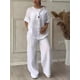 thumbnail image 3 of Conjunto de dos piezas de algodón y lino con cuello en V para mujer, Top de camisa, pantalón de pierna ancha, traje de manga larga, moda informal, otoño y primavera, 3 of 5