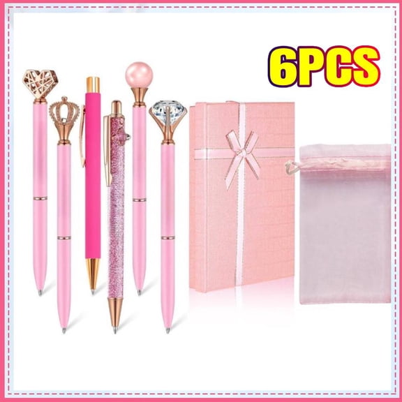 6 Pcs Fancy Pens for Women Crystal Diamond Pen for Journaling Pretty Glitter Ballpoint with Box Inspirational Gifts for Women College Cute Gifts(Pink)