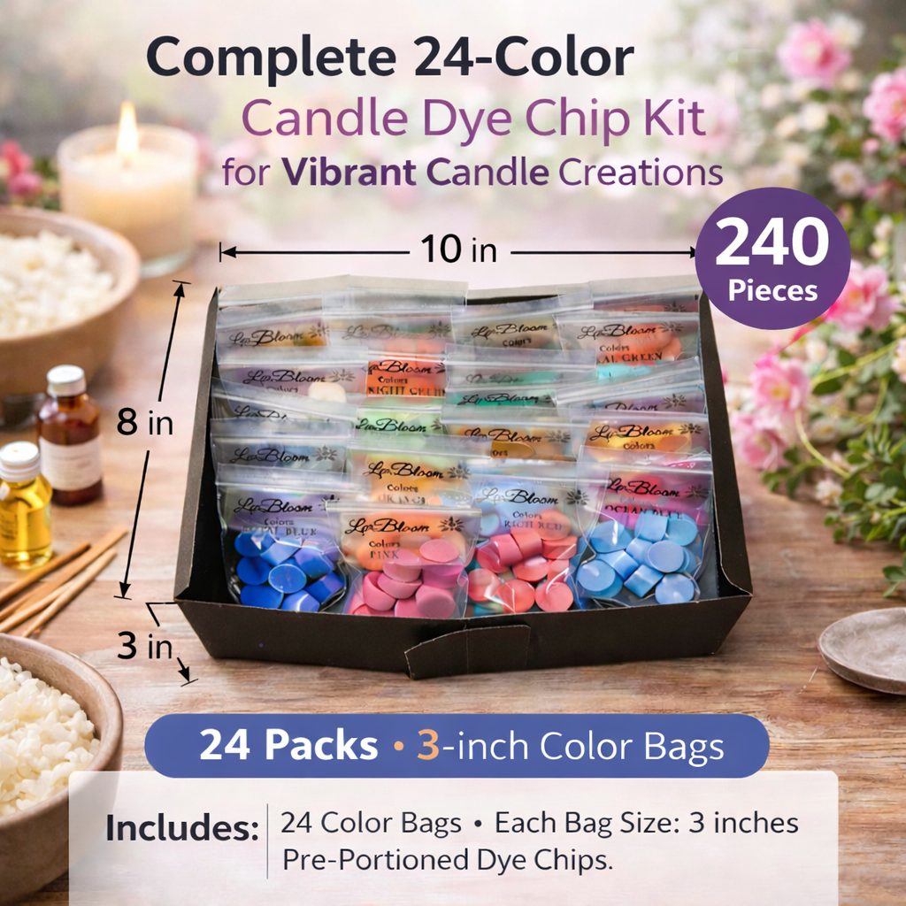 LwBloom Candle Color Dye Chips – 240 Pieces, 24 Vibrant Colors, Candle Making Dye for Soy, Beeswax & Paraffin, Long Lasting Wax Color Chips