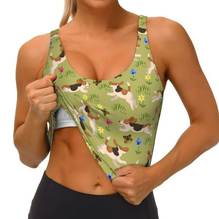 Qokaie Running Beagle Pattern Womens Scoop Neck Sports Bra Breathable Workout Vest Padded U Back Medium Impact Fitness Gym Yoga Bra Workout Crop Top