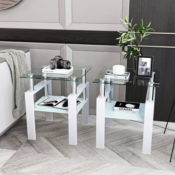 Tempered Glass End Table, Square Glass Side Table with Steel Pipe & Metal Legs, 2-Tier Modern Glass Nightstand for Living Room & Office(Clear Glass White Leg, Set of 2)