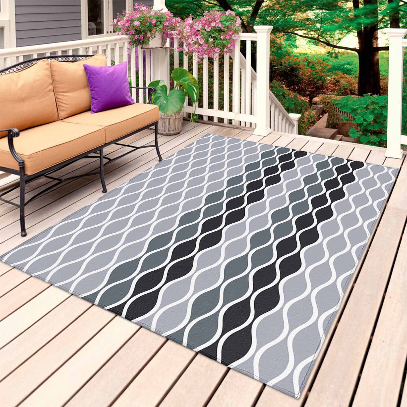 Outdoor Rug 3x5 ft Moroccan Ombre Grey Outdoor Large Area Rug Non Slip Rubber Abstract Wave Lines Front Door Mat RV Rug Camping Carpet Patio Outdoor Rugs for Backyard Balcony Deck Porch Indoor