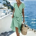 thumbnail image 4 of Pounoo Women's Dresses V Neck Short Sleeve Wrap Linen Blend Midi Dress With Waist Tie Casual Beach Wear Lightweight Breathable Loose Fit Vacation Sundresses Gift, 4 of 7