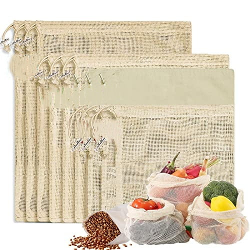 Reusable Produce Bags - Organic Cotton Mesh Bags with Drawstring for Onions,Vegetables & Fruit (12 Pack)
