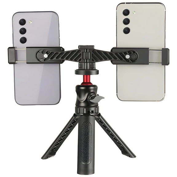 Dual Phone Tripod Stand with Ball Head Mount, Portable Desktop Phone Holder with Adjustable Clamps, Mini Camera Stand for Live Streaming Gaming Recording, Black and Red