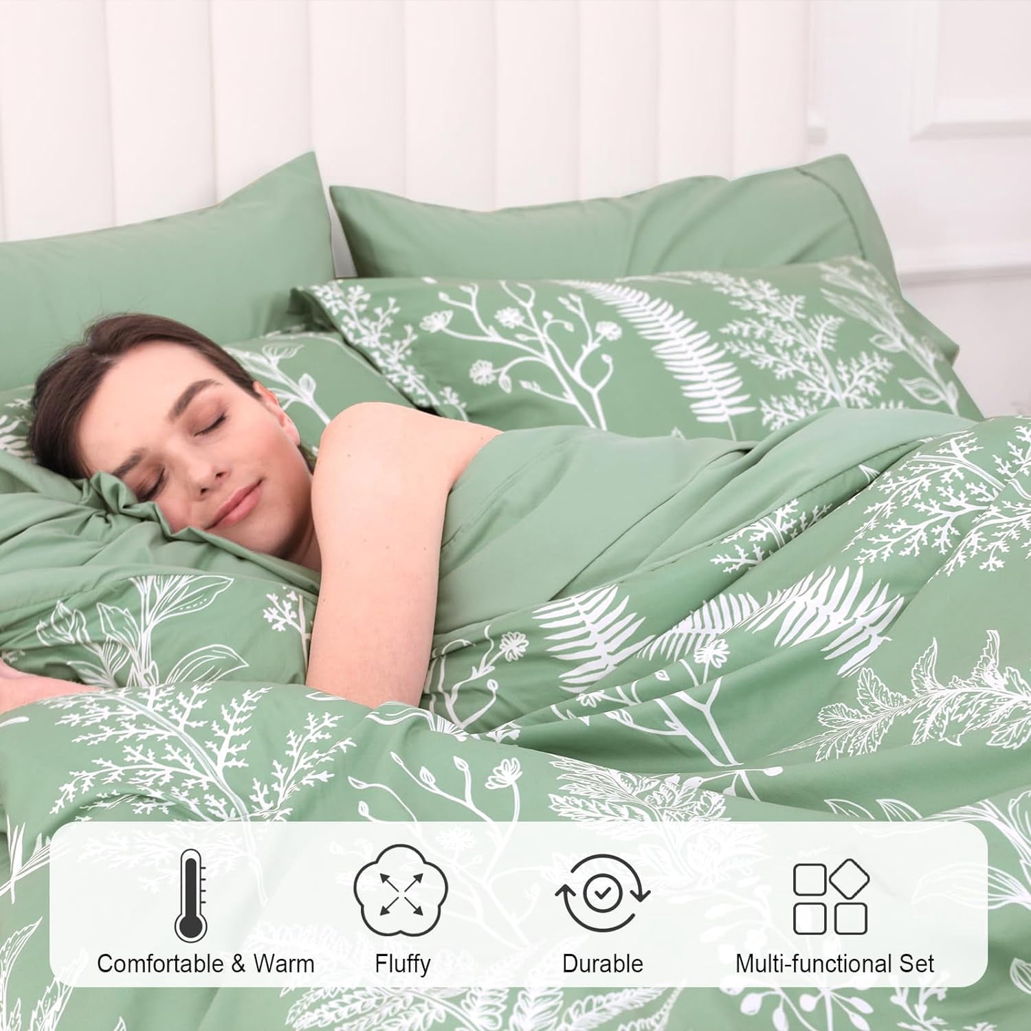 PHF 5 Pieces Printed Twin Comforter Set, Lightweight Reversible Botanical Bedding Set Include Comforter, Pillow Sham, Flat Sheet, Fitted Sheet and Pillowcase, Sage Green