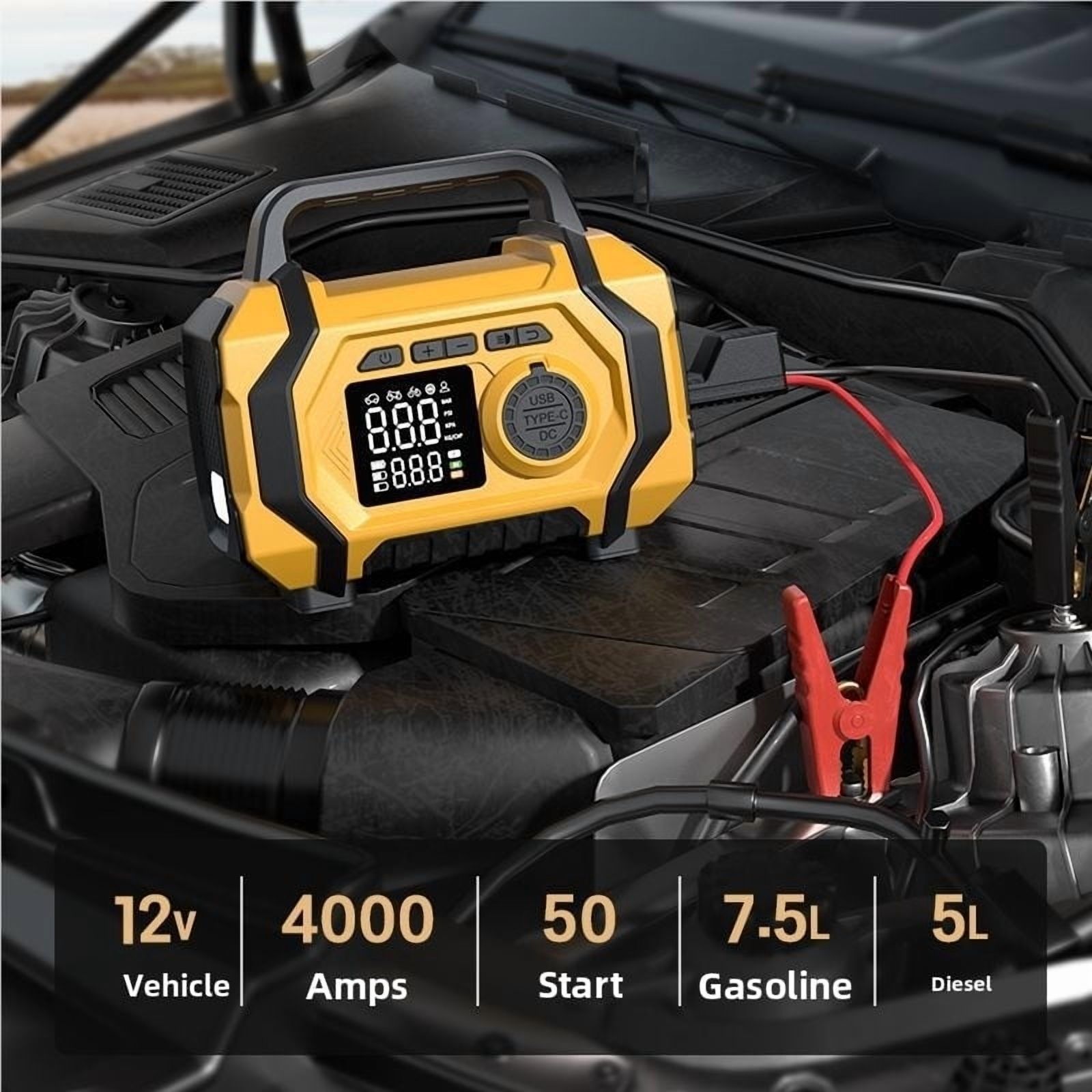 8000mAh Car Battery Charger Jump Starter with Digital Air Compressor for 12V Vehicles Portable Power Bank USB C Fast Charging LED Flashlight