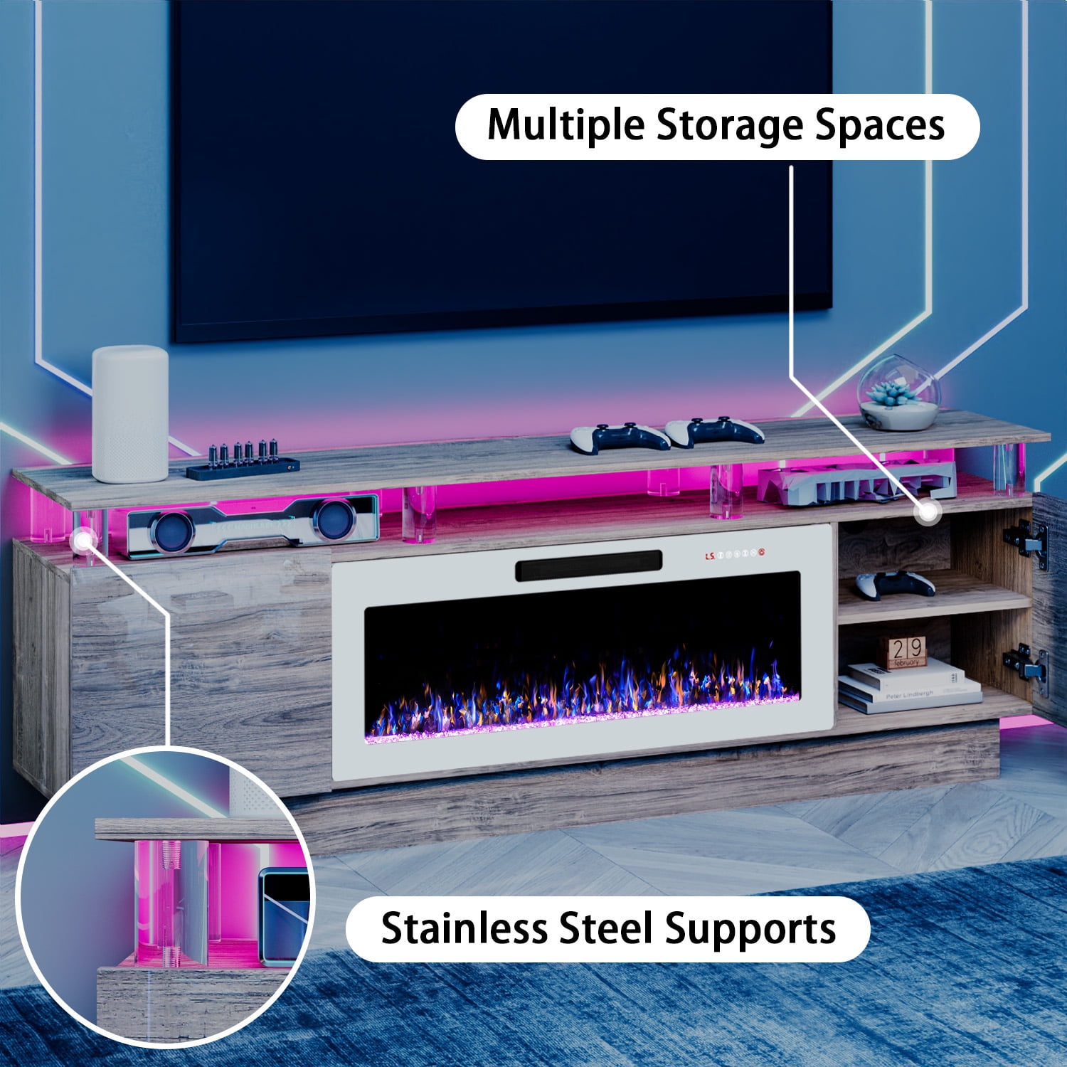 Waleaf 70" Fireplace TV Stand with Glowing Acrylic Pillars, 36" Electric Fireplace for TVs Up to 80", High Gloss Entertainment Center with 20-Color LED Lights, Gray