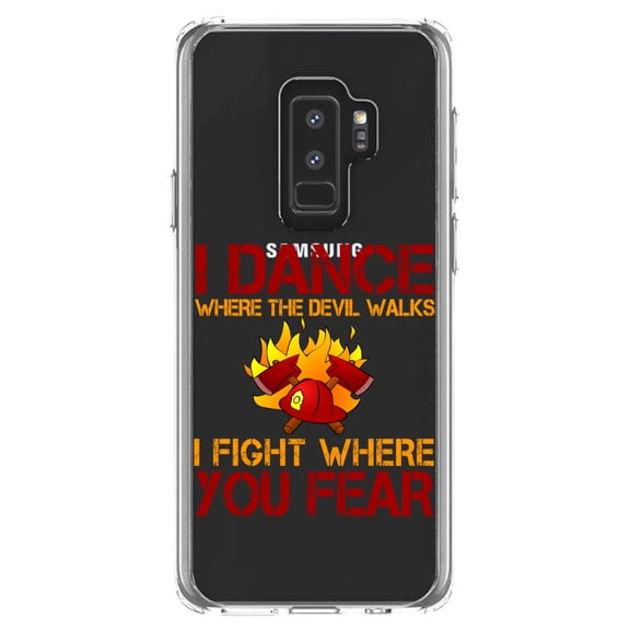 DistinctInk Clear Shockproof Hybrid Case for Samsung Galaxy S9  PLUS (6.2" Screen) - TPU Bumper Acrylic Back Tempered Glass Screen Protector - Firefighter - I Dance Where the Devil Walks