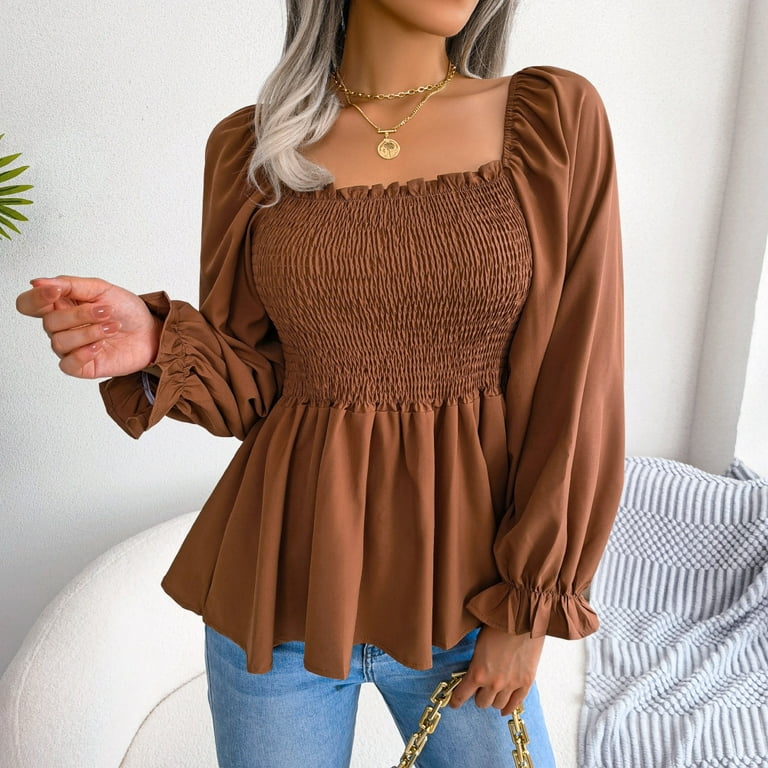 LEZMORE Womens Blouses Long Sleeve Shirts Square Neck Tops for