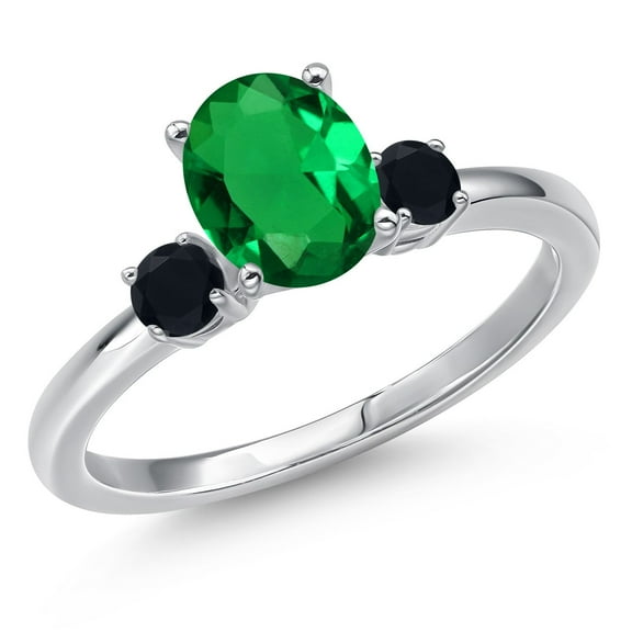 Gem Stone King 14K White Gold Green Nano Emerald and Black Onyx Engagement Ring for Women | 0.95 Cttw | Oval 8X6MM | Gemstone May Birthstone | Size 5