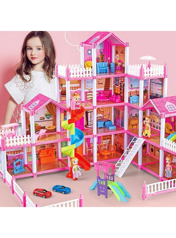 SEREE Doll House Dreamhouse for Girls, Boys - 4-Story 16Rooms Playhouse with 4 Dolls Toy Figures, Fully Furnished with Lights, Play House with Accessories, ChristmasGift Toy for Kids Ages 3 4 5 6 7 8+