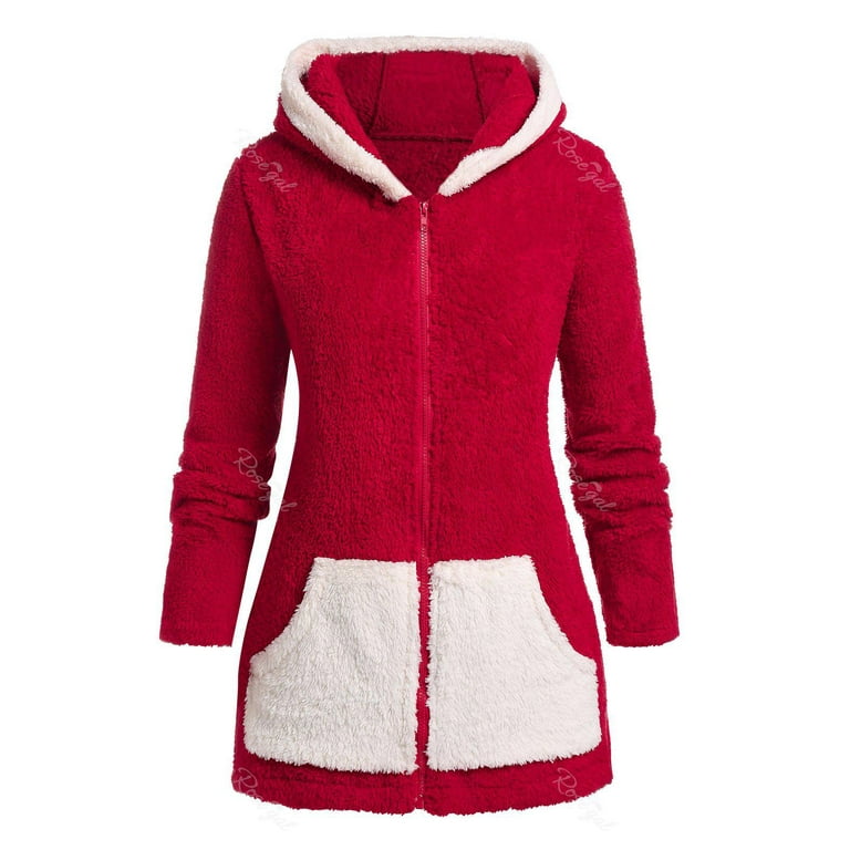 Rosegal Plus Size Christmas Colorblock Hooded Fuzzy Faux Fur Coat
