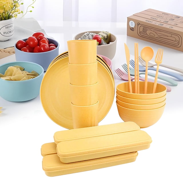 32 Pcs Ustensiles de Voyage, Ensemble de Couverts Portables Réutilisables de 8,85 Pouces, Inclut Fourchette Cuillère Baguettes avec Assiette