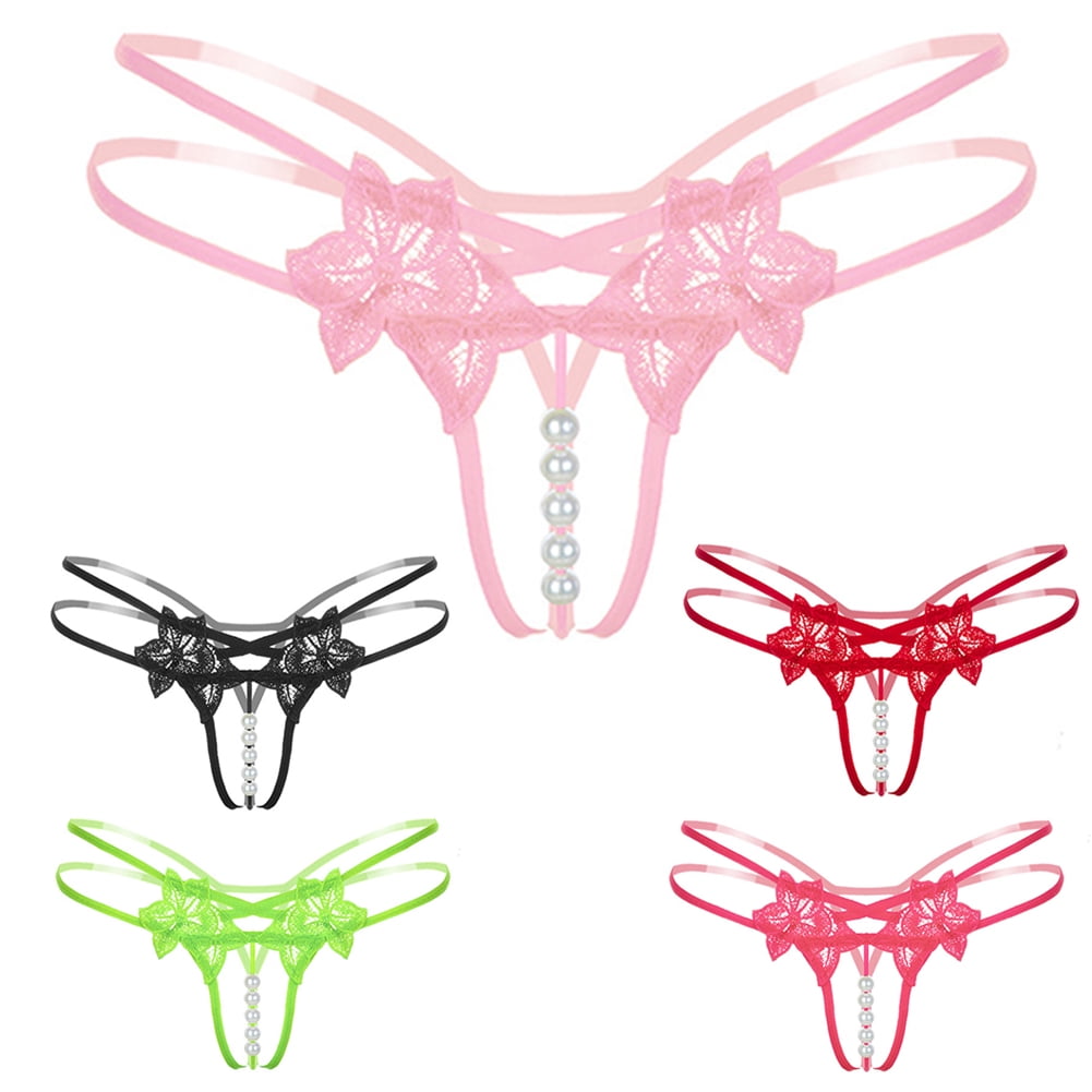 HEVIRGO Sexy G-String Floral Lace Strap Thong Imitation Pearl Women  Honeymoon Underwear 