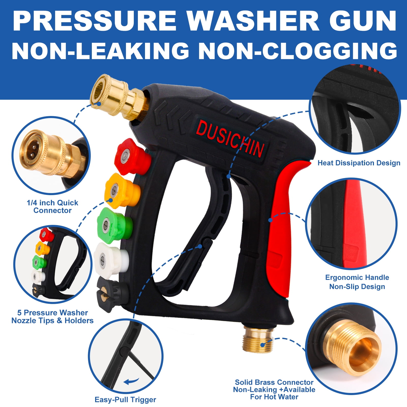 DUSICHIN Short Pressure Washer Wand High Spray Gun 5 Nozzle Tips 3000 PSI,Foam Cannon Attachment 1/4" Quick Connector Outlet,M22-14mm M22-15mm Fitting,Not Use with Garden Hose