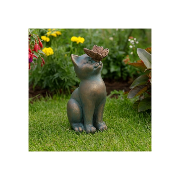 Cat with Butterfly on Nose Figurine for Garden Decor - Resin Figurine for Front Porch, Patio, and Backyard Decoration - Decorative Garden Statue for Yard Art and Walkway Display - 8", Green & Gold