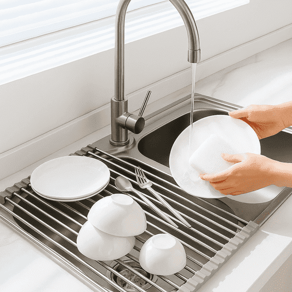 Over The Sink Roll Up Dish Drying Rack 18.5 x 13.5 Inch Foldable Stainless Steel Drainer Mat Sink Cover Organizer