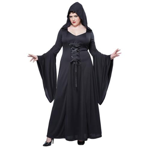 DELUXE HOODED BLACK GOTHIC VAMPIRE ROBE ADULT WOMENS DRESS HALLOWEEN COSTUME 