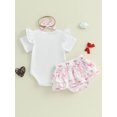 thumbnail image 5 of BemeyourBBs Newborn Baby Girls Summer Clothes Short Sleeve Bow Embroidery Romper Ruffle Shorts Set Headband Infant Baby Girl Summer Outfits, 5 of 9