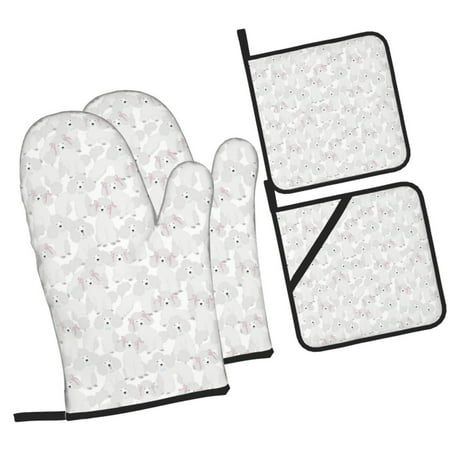 

Daiia Cute Poodle Dog Pattern Oven Mitts and Pot Holders 4 pcs Set High Heat Resistant 500 Degree Extra Thicken Long Kitchen Cotton Oven Glove