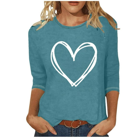 Ltctricy T Shirts for Women Plus Size 3/4 Length Sleeve Crew Neck Heart Printed Tunic Tops Casual Graphic Tees(Navy,Small)