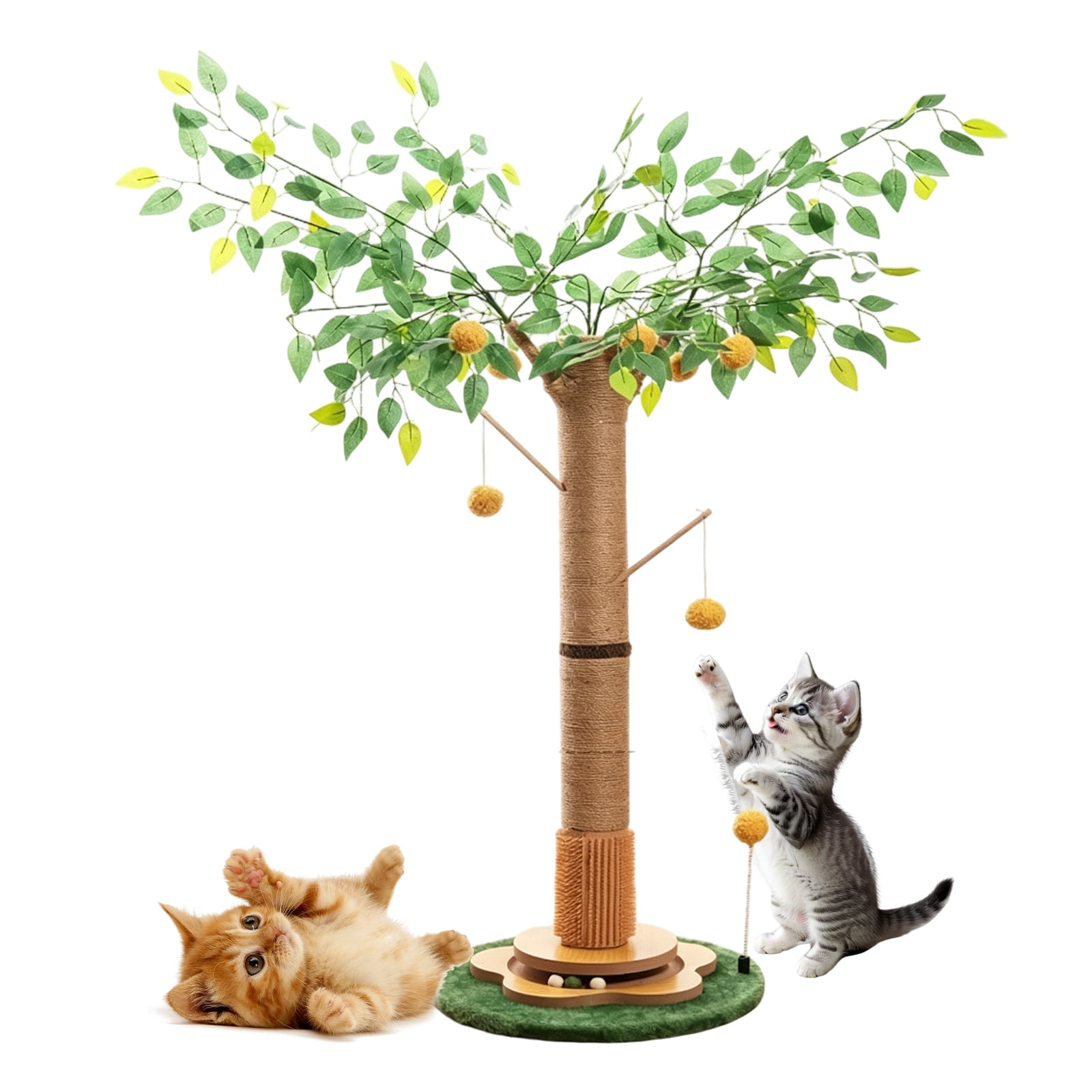 40.94 Inch Tall Artificial Tree Cat Scratching Post, Natural Sisal Claw Scratcher Tower with Track Ball Toy, Self Grooming Brush, Hanging Pom Pom Balls, Stable Anti-Tip Base for Indoor Cats