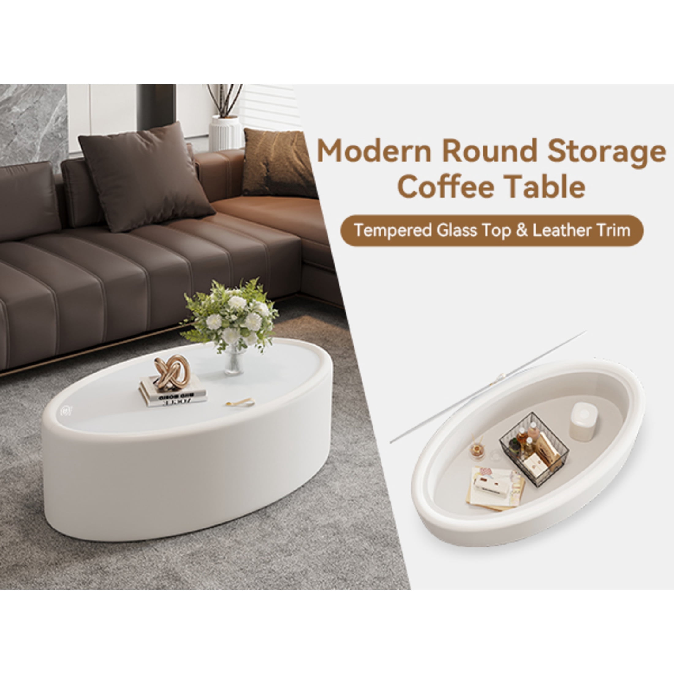 Noble House Morade 33.5" Fluted Oval Storage Coffee Table with Glass Top & Leather Wrapped for Living Room, White
