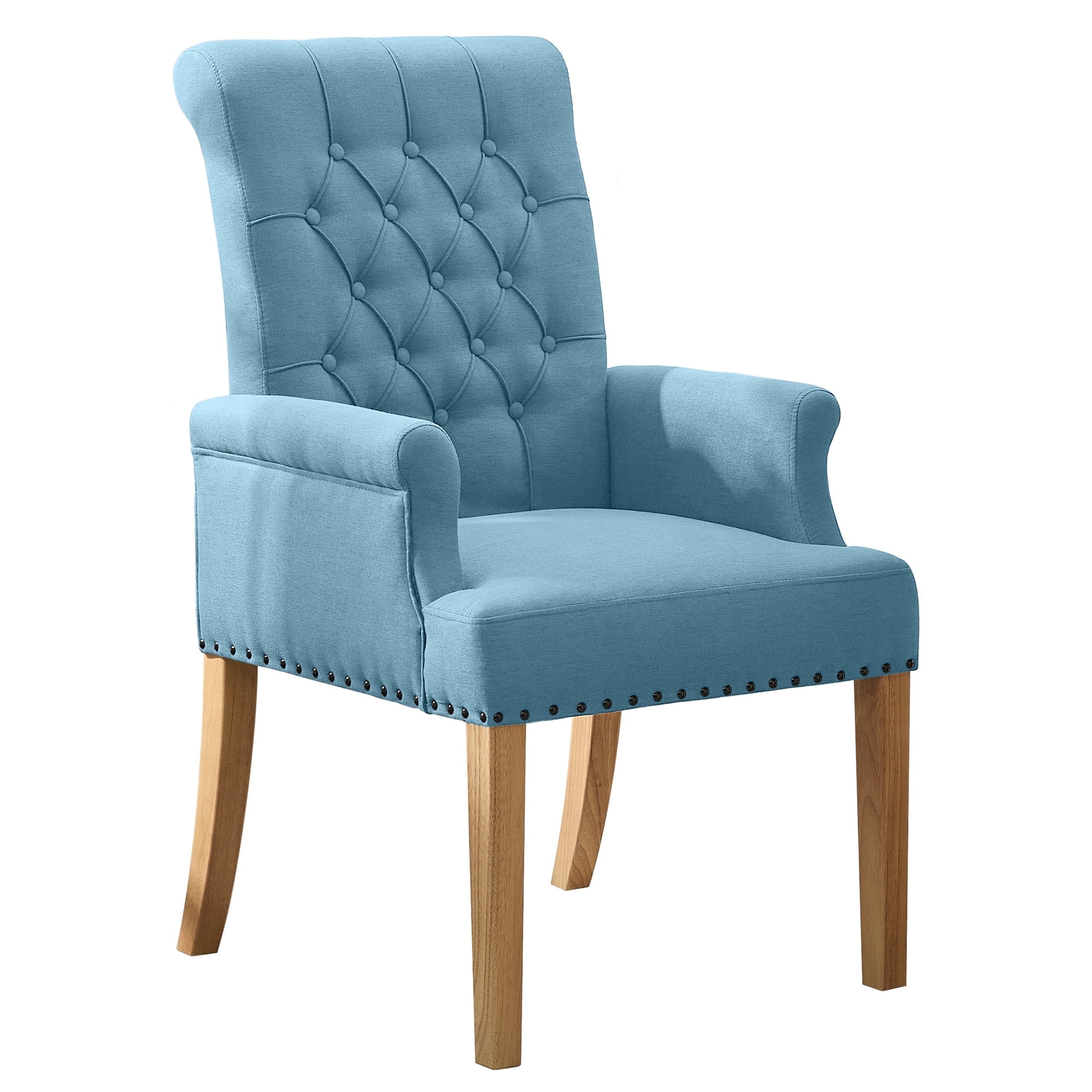 Fabric Upholstered Dining Chair with Arms, Tufted High Back Accent Coffee Armchair for Kitchen Dining Room Living Room, Blue