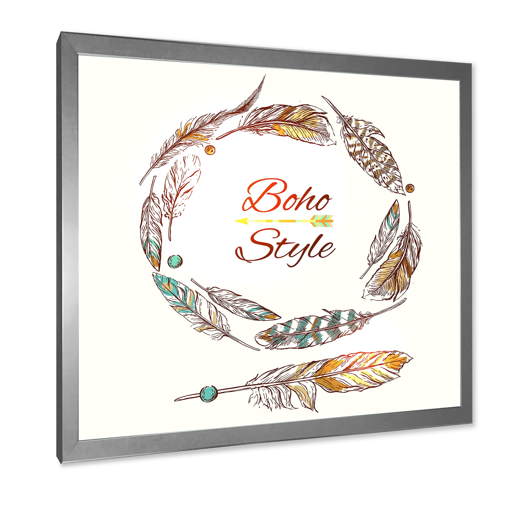 Designart 'Wreath Of Ethnic Beige Boho Feather' Bohemian & Eclectic Framed Art Print