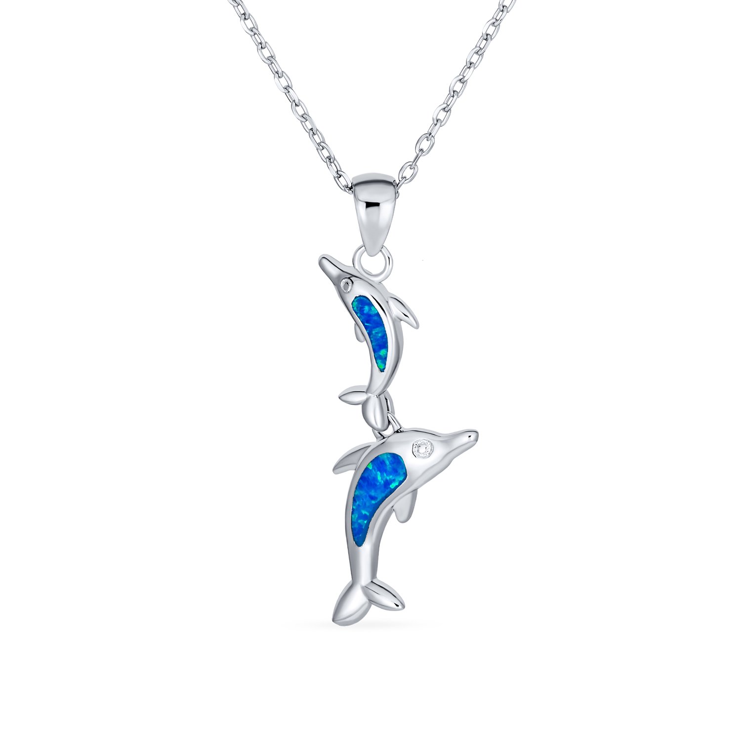 Bling Jewelry Womens Family Nautical Dolphins Pendant Necklace Blue Opal .925 Sterling Silver