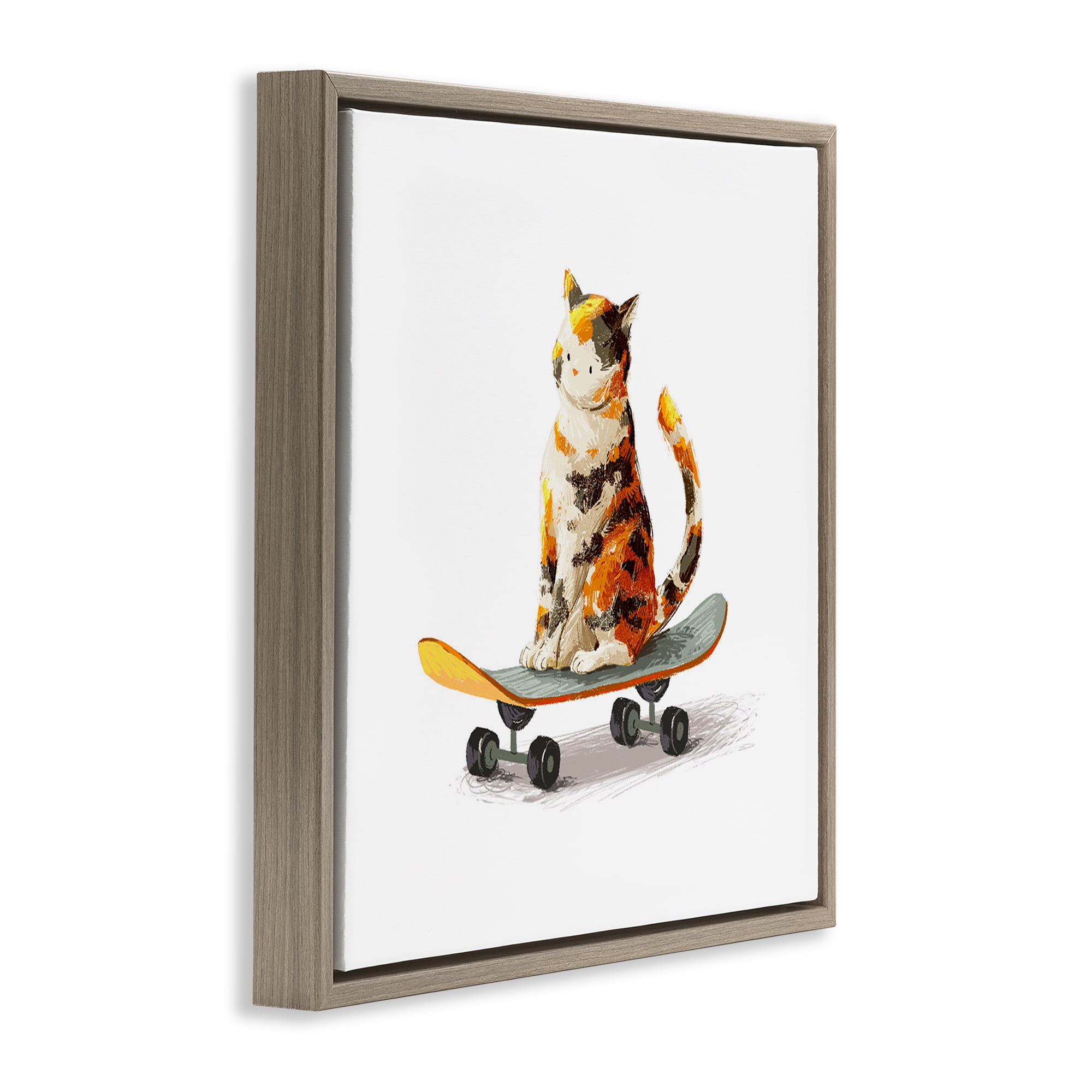Stupell Industries Calico Cat on Skateboard Brown Framed Floater Canvas Wall Art, design by Ziwei Li