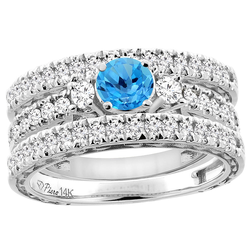 14K White Gold Diamond Natural Swiss Blue Topaz Engagement 3-pc Ring Set Engraved Round 6 mm, size 5.5 by Gabriella Gold